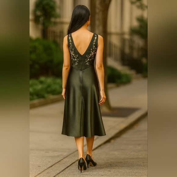 Source Unknown Dresses & Skirts - Satin dress with embroidery. Size 10. Plunging Neckline.